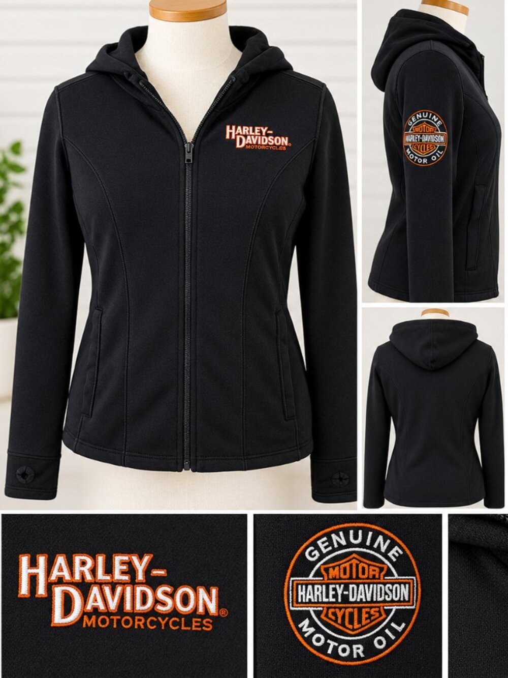 Harley-Davidson Logo Embroidered Black Zip Hoodie -Jacket Insert - Sz XL